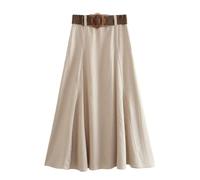 Hgvcfcv Damen Rock Mode Casual Gürtel Leinen Blended A-Linie Rock Damen Herbst und Winter Rock, Beige, Groß