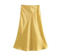 Hgvcfcv Damen Rock Satin Seide Mode A-Linie Röcke Büro Dame Solide Rot EN8 Hohe Taille Lange, gelb, Klein