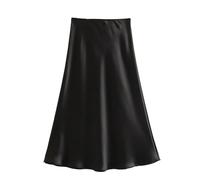 Hgvcfcv Damen Rock Satin Seide Mode A-Linie Röcke Büro Dame Solide Rot EN8 Hohe Taille Lange, Schwarz, Mittel