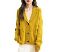 Hgvcfcv Damen Strickjacke aus Merinowolle, warm, weich, lässig, V-Ausschnitt, langärmelig, Strickpullover, gelb, M