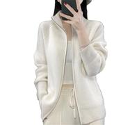 Hgvcfcv Damen-Strickjacke aus Wolle, Reißverschluss, gepolsterte Schultern, Stehkragen, Kaschmir-Strickmantel, weiß, XL