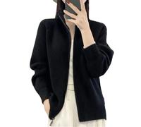 Hgvcfcv Damen-Strickjacke aus Wolle, Reißverschluss, gepolsterte Schultern, Stehkragen, Kaschmir-Strickmantel, Schwarz , XL