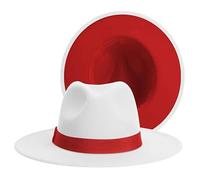 Hgvcfcv Klassischer Fedora-Hut mit breiter Krempe, für Herren und Damen, zweifarbig, Filz, Cowboy-Jazzhut, brauner Gürtel, weiß / rot, 6 7/8-7 1/8