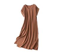 Hgvcfcv Midikleid aus Seide, V-Ausschnitt, kurze Ärmel, Seitenschlitz, langes Kleid, Seidenkleid, coffee, L