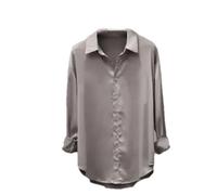 Hgvcfcv Seidenblusen für Damen, langärmelig, Knopfleiste, einfarbig, Revers, Frühling, Herbst, lockeres Oberteil, grau, Large