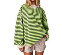 HGWOPGASD Blusentops Mit Rundhalsausschnitt Für Sommer T-Shirt Damen Gestreifter Pullover Oversized H Top Shirt Streifen Striped Sweatshirt Grünes