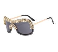 HHMRTYDG Luxury Big Rhinestone Metal Female Shades Sunglasses Diamond Sun Glasses Oversized(Black)