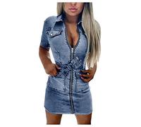 HHMY Jeans-Kleid FüR Damen Sexy Jeanskleid Sommer Knielang Kurzarm Minikleid V-Ausschnitt Jeanskleider Kleid Kurz Elegant Abendkleid Vintage Standkleid Bodycon Partykleid Club Streetwear