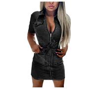 HHMY Jeans-Kleid FüR Damen Sexy Jeanskleid Sommer Knielang Kurzarm Minikleid V-Ausschnitt Jeanskleider Kleid Kurz Elegant Abendkleid Vintage Standkleid Bodycon Partykleid Club Streetwear