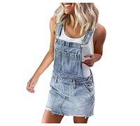HHMY Jeans Latzhose Kurz Damen - Latzkleid Jeanslatzhose- Denim-Overall -Jumpsuit Playsuit Jeans-Hosenanzug- Romper- TräGerhose- Latzrock Jeansskirt- Jeansrock- Minirock- TräGern Streetwear, Blau, L
