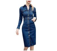 HHMY Jeanskleid Damen Langarm Bodycon Partykleid Lang Abendkleid Elegant Cocktailkleider Vintage Jeanskleider Mit KnöPfe GüRtel Blusekleid Sexy Hemdkleid Denim Dress Hemdkleider Lange Kleider