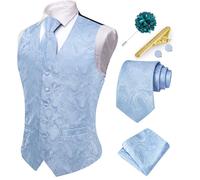 Hi-Tie Herren Anzugweste Business formelle Weste Paisley Jacquard Krawatte Anzug Weste Set für Hochzeit Party, Himmelblau, XX-Large