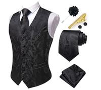 Hi-Tie Herren Anzugweste Business formelle Weste Paisley Jacquard Krawatte Anzug Weste Set für Hochzeit Party, A Schwarz, Large
