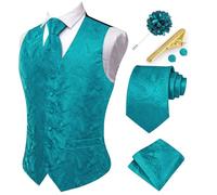 Hi-Tie Herren Anzugweste Business formelle Weste Paisley Jacquard Krawatte Anzug Weste Set für Hochzeit Party, Blaugrün, Large