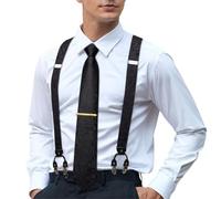 Hi-Tie Men's Suspenders and Tie Set Silk Adjustable Elastic Y Braces with Strong 6 Clips Pocket Square Set