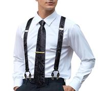Hi-Tie Men's Suspenders and Tie Set Silk Adjustable Elastic Y Braces with Strong 6 Clips Pocket Square Set