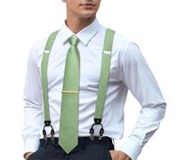Hi-Tie Men's Suspenders and Tie Set Silk Adjustable Elastic Y Braces with Strong 6 Clips Pocket Square Set