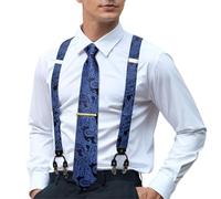 Hi-Tie Men's Suspenders and Tie Set Silk Adjustable Elastic Y Braces with Strong 6 Clips Pocket Square Set