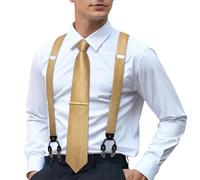 Hi-Tie Men's Suspenders and Tie Set Silk Adjustable Elastic Y Braces with Strong 6 Clips Pocket Square Set