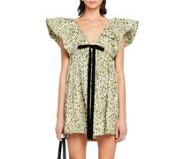 hibshaby Damen Blumendruck Minikleid V-Ausschnitt Puffärmel Kleid Kurz Babydoll Schleife Kleid, Grün Bedruckt, Groß