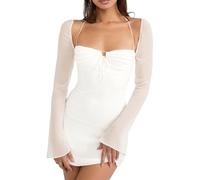 hibshaby Damenkleid, sexy, figurbetont, Puffärmel, Cocktail, Abendparty, Elegantes Minikleid, Mesh weiß, Mittel