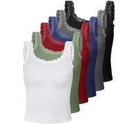 HICARER 6-teiliges Spitzen-Mieder, Tank-Tops, Spitzenbesatz, Camisole für Damen, Unterhemd, Geripptes Tanktop für Damen, Schwarz, Dunkelgrau, Marineblau, Weinrot, Militärgrün, Weiß, Mittel