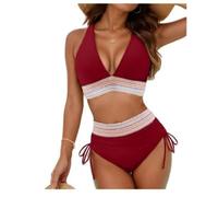 Hicodbek Bikini Damen Set Sexy Badeanzug Bademode Hohe Taille Farbblock Zweiteiliger Kordelzug Badeanzüge Bikinis für Frauen (DE/NL/SE/PL, Alphanumerisch, S, Regular, Regular, Weinrot)