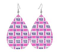 Hieuaoz Leder-Ohrringe für Damen, Motiv: Happy New Year 2024, Kunstleder-Wassertropfen-Ohrringe, Vintage-Stil, leicht, baumelnde Ohrringe, Schmuck für Frauen, Einheitsgröße, Polyurethan