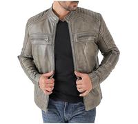HiFacon Herren-Bikerjacke im Used-Look, Premium-Leder, Vintage-Stil, Café-Racer-Stil, schmale Passform, gesteppte Schultern, Grau, Grau - Echtes Leder, 3XL