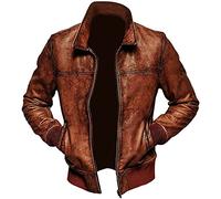HiFacon Herren-Bikerjacke, Vintage-Stil, echtes Café-Racer-Lederjacke, klassische Motorradjacke, Vintage-Stil, Braun, Gewachste braune Bomberjacke aus echtem Leder, XXL