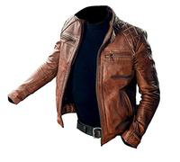 HiFacon Herren-Bikerjacke, Vintage-Stil, echtes Café-Racer-Lederjacke, klassische Motorradjacke, Vintage-Stil, Braun, Distressed - Lederjacke, XL