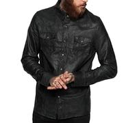 HiFacon Herren Lederhemd Western Trucker Cowboy Echtleder Sommerjacke Burdungy, Schwarz - Herren-Lederhemd, XXL