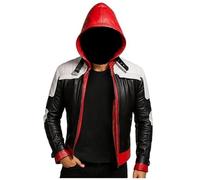 HiFacon Herren Lederjacke mit roter Kapuze - rot-weiß und schwarz, vom Film inspiriertes Biker-Kostüm, Cosplay, Mehrfarbig: Kunstlederjacke, 3XL