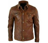 HiFacon Herren schwarzes leichtes Hemd mit langen Armen aus echtem Leder Motorrad Biker, Braun - Lederhemd, S