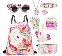 Hifot 18PCS Einhorn Kordelzug Rucksack Schmuck Set für Mädchen, Geschenktütchen Partytüten Sonnenbrille Make-up Tasche Halskette Schlüsselanhänger Armband für Kinder Party Geburtstag