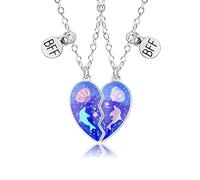 Hifot 2 Stück Halskette Damen Silber Freundschaftskette, Bff Ketten für 2 Mädchen, Kette Herz Anhänger, Blau Delfin Muschel Halskette Lang für Frauen Freundin Geschenk Personalisierter Schmuck