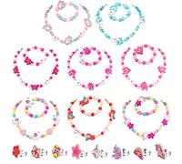 Hifot 24 Stück Kinderschmuck Mädchen, Einhorn Schmetterling Regenbogen Holz Beads Halskette Armband Verstellbaren Ringen Prinzessin Schmucksets für Kinder Party Geburtstagsfeier Gefälligkeiten