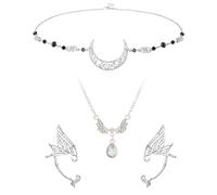 HIFOT 3Pcs Boho Mond Kopfkette Schmuck Damen Mädchen, Elfen Kopfschmuck Flügel Kristall Halskette Silber Ohren Haarschmuck Festival Accessoires Halloween Karneval Cosplay Fee Kostüm