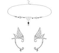 Hifot Boho Kopfkette Schmuck Damen, Elfen Kopfschmuck Schwarzer Kristall Kette Haarschmuck für Frauen und Mädchen, Flügel Elfen Ohren Manschette Ohrringe, Haarschmuck Festival Accessoires Hochzeit