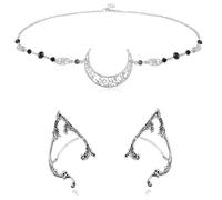 Hifot Boho Kopfkette Schmuck Damen, Elfen Kopfschmuck Schwarzer Kristall Mond Kette Haarschmuck für Frauen und Mädchen, Elfen Ohren Manschette Ohrringe, Haarschmuck Festival Accessoires Hochzeit