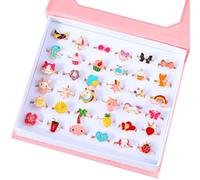 Hifot kinderringe mädchen Prinzessin Schmuck Set 36 Stück, Einhorn Ladybug Schmetterling Blume Verstellbare Ringe für Mädchen mit Schmuckkästchen, Fingerringe Geschenk Partyzubehör