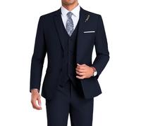 High-End Suits 3 Stück Herren Anzug Set Slim Fit Groomsmen/Prom Anzug für Männer Zwei Knöpfe Business Anzug Jacke Weste Hose und Krawatte, Marineblau, XS