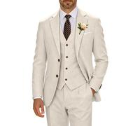 High-End Suits Retro-Leinenanzug für Herren, lässiger Hochzeitsanzug für Herren, schmale Passform, 3-teilig, Jacke, Blazer, Weste, Hose, Bräutigam, Smoking, Beige, XX-Large