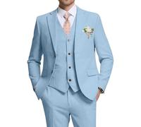 High-End Suits Retro-Leinenanzug für Herren, lässiger Hochzeitsanzug für Herren, schmale Passform, 3-teilig, Jacke, Blazer, Weste, Hose, Bräutigam, Smoking, Babyblau, XX-Large