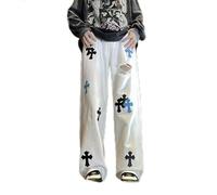 High Street Blue Cross White Hosen Herren Straight Washed Casual High Street bestickte Jeans Damen-Weiß-L