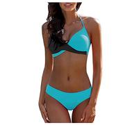 High Waist Bikini Badeshorts Damen Sportbadeanzüge Für Damen Bikini Push Up V-Ausschnitt Einfarbiges Spaghetti Bikini Set Triangel Bikini Neckholder Zweiteiliger Badeanzug Micro Bikini (Blau, S)