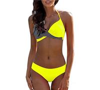 High Waist Bikini Bikini Sexy Tankini Damen Große Größen Bikini Push Up V-Ausschnitt Einfarbiges Spaghetti Bikini Set Triangel Bikini Neckholder Zweiteiliger Badeanzug Badeshorts Damen (Gelb, M)