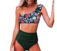 High Waist Bikini Damen Set - Rüschen Bikini Damen Sexy Eine Schulter Zweiteilig Badeanzug Sexy Elegant Blumenmuster Enge Bademode Schwimmanzug Strandmode Badeanzüge Bikini-Sets für Damen