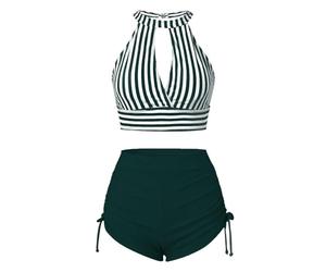 High Waist Bikini Retro One Piece Swimsuit Women Push Up Große Oberweite Curvy Badeanzug Rückenfrei Bustier Triangel Bikini Damen Sport Set Damen Bunt Blitzangebote des Tages Dunkelgrün XXL