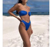 High-Waist Bikini Set Solid Color Polyester Swimwear | Two-piece set included, für top and bottom, pure color pattern, regular length, suitable for holidays